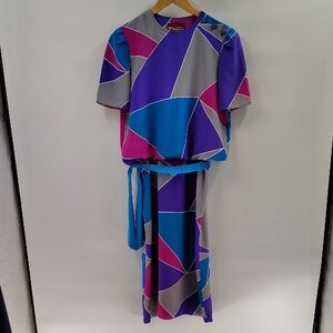 Sasson Midi Dress Size 9 10 Purple Blue Pink Geometric Print 80s Elastic Waist